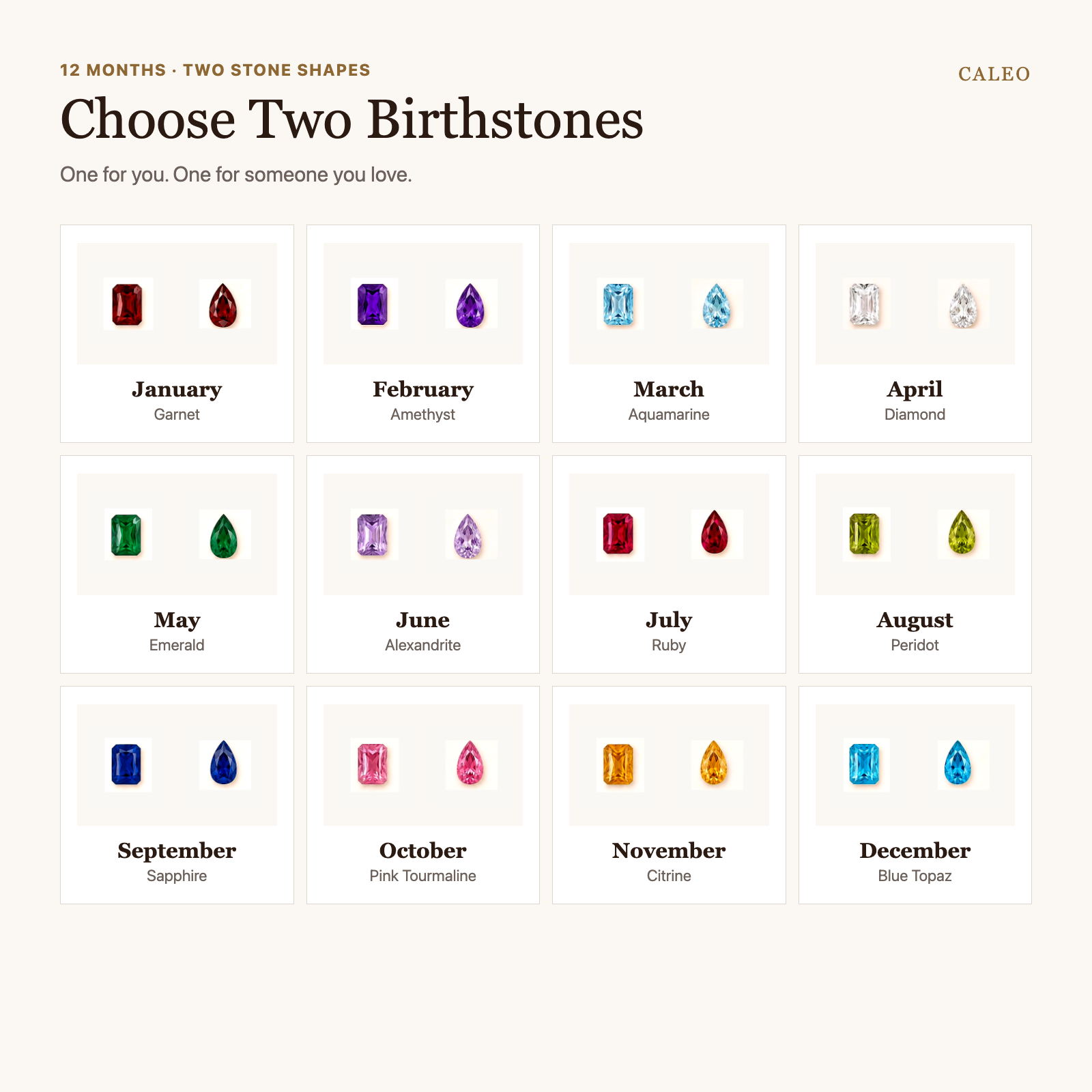 Twelve monthly birthstone colors in square and water drop shapes