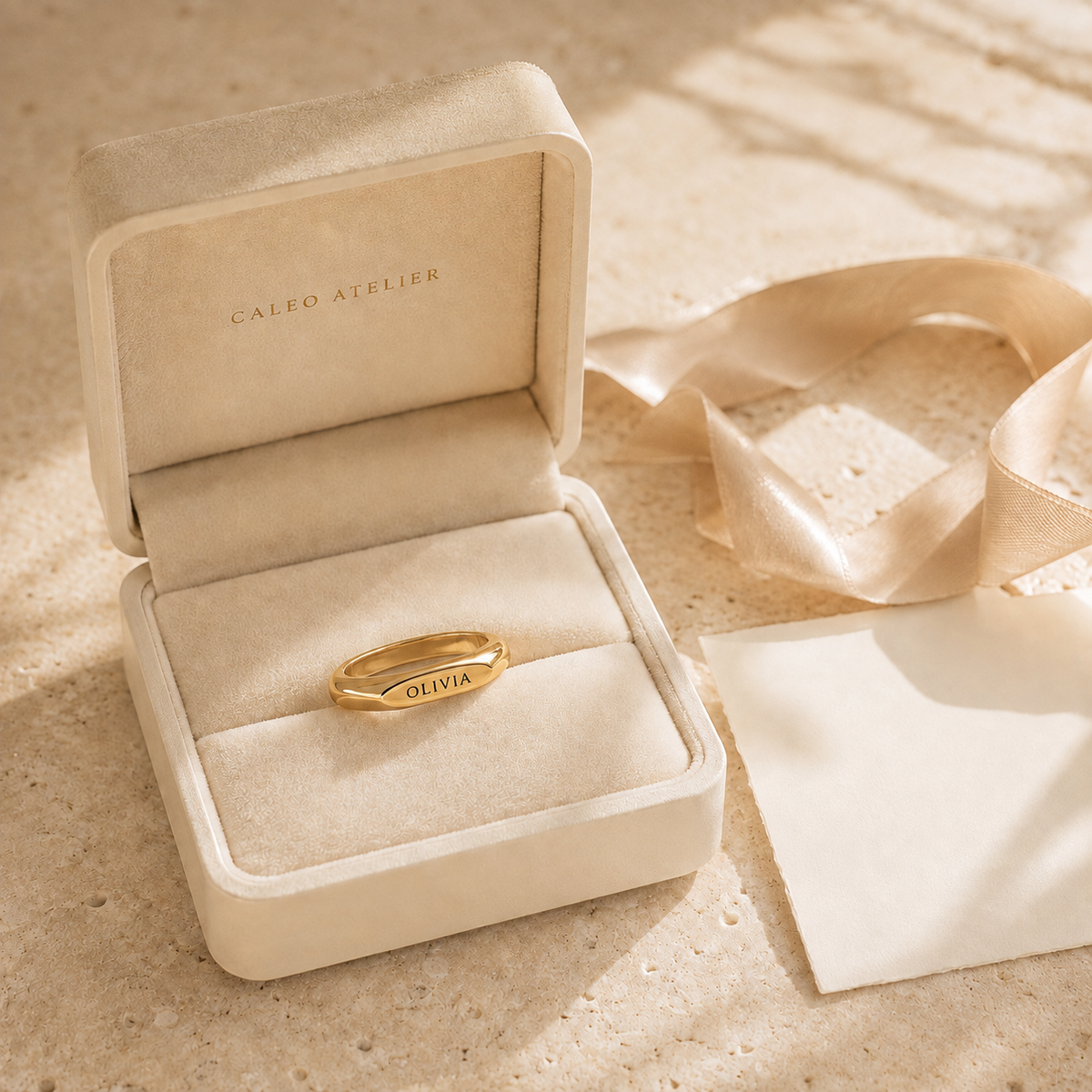 Gold OLIVIA ring presented in a CALEO ATELIER jewelry box