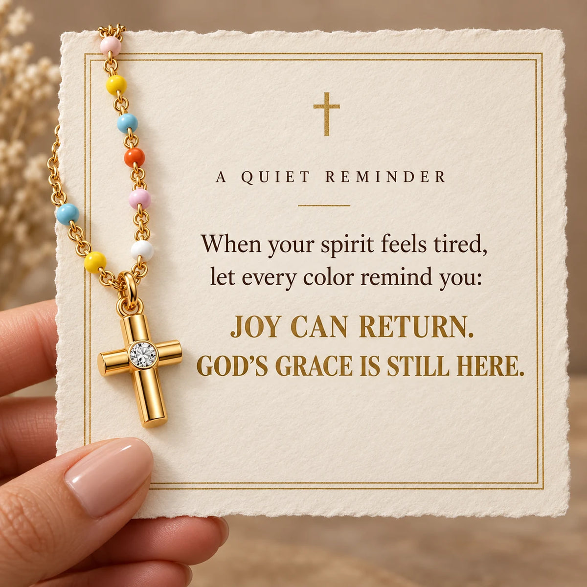 Joyful Grace Cross Necklace — Joy Comes With Grace devotional card