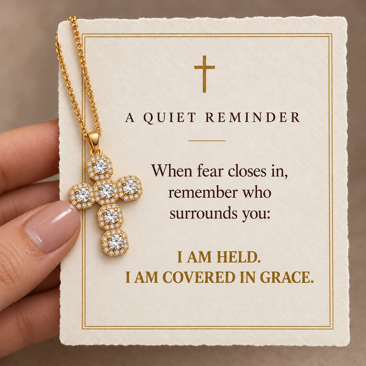 Halo Stone Cross Necklace devotional card — I Am Held