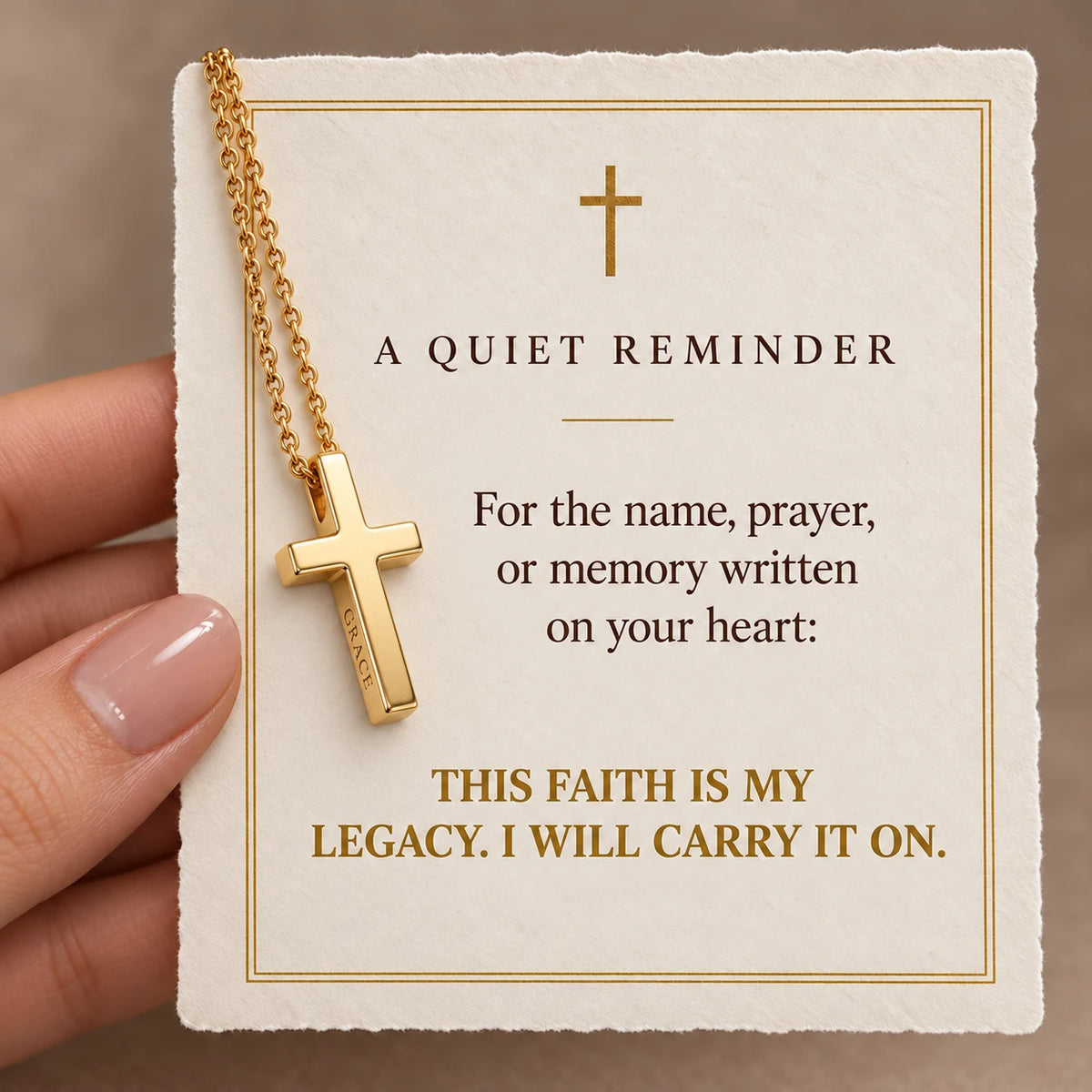 Legacy Engraved Cross Necklace devotional card — This Faith Is My Legacy