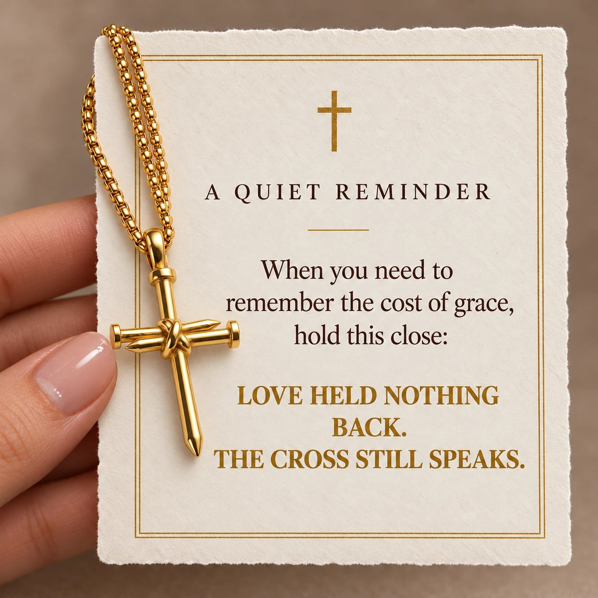 Calvary Nail Cross Necklace devotional card — The Cross Still Speaks