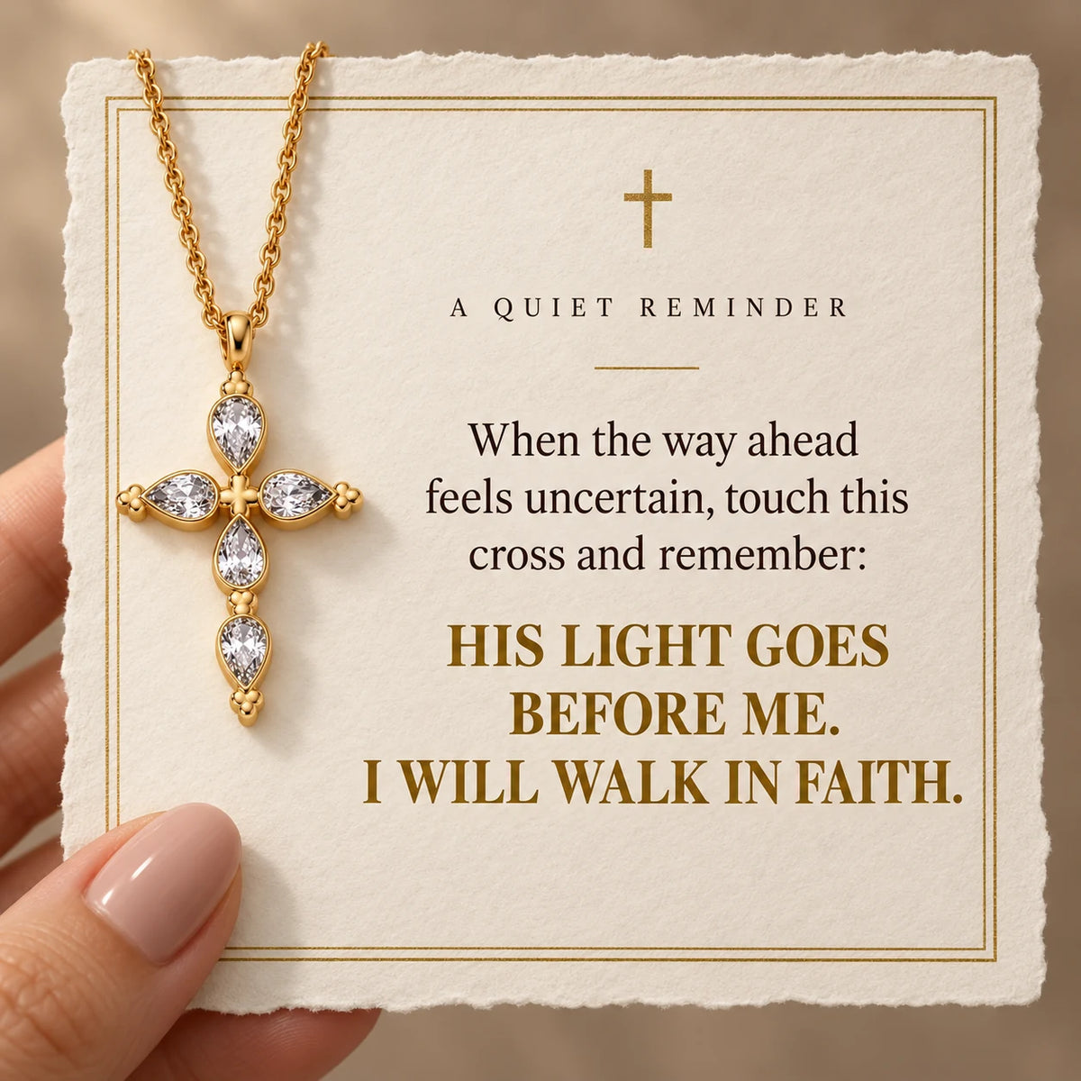 Luminous Grace Cross Necklace — Walk in His Light devotional card