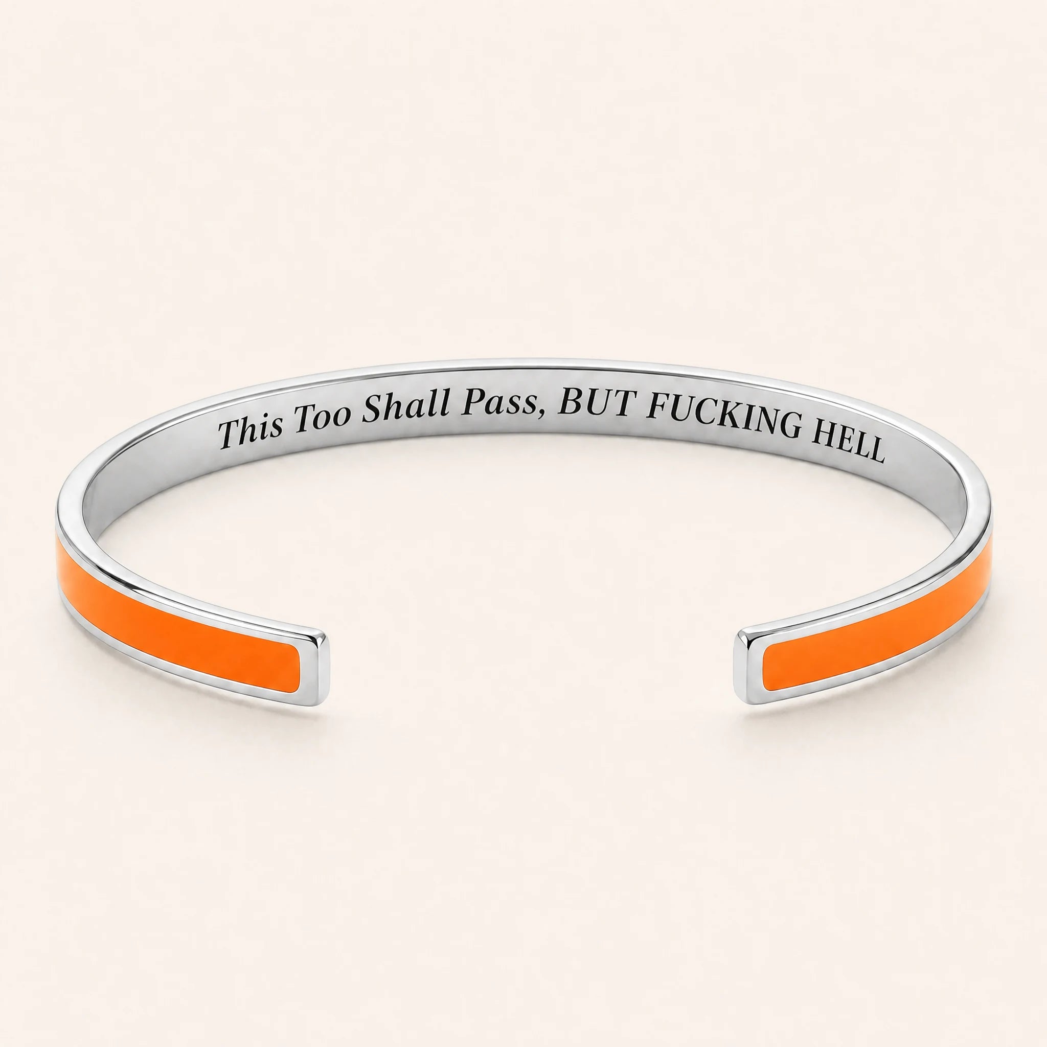 This Too Shall Pass cuff bracelet — Silver finish, Orange enamel, full quote