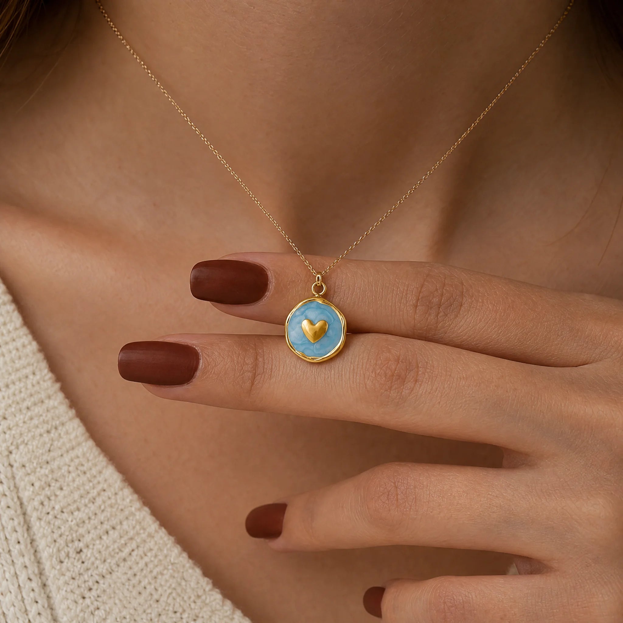 CALEO lifestyle necklace image - Gold Blue Heart Medallion Pendant Charm - 2026-07-22