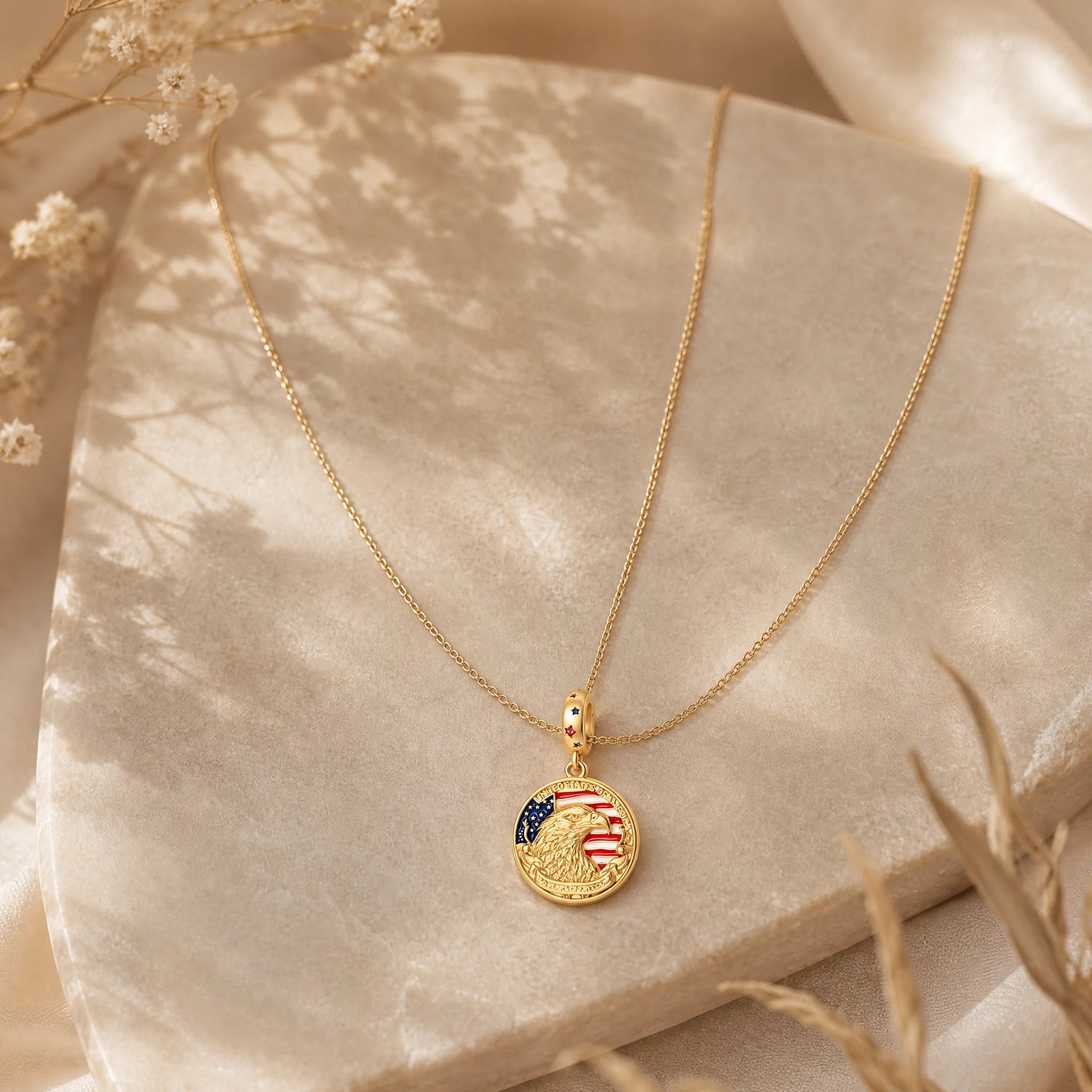 CALEO lifestyle necklace image - Gold American Eagle Flag Medallion Dangle Charm - 2026-07-22