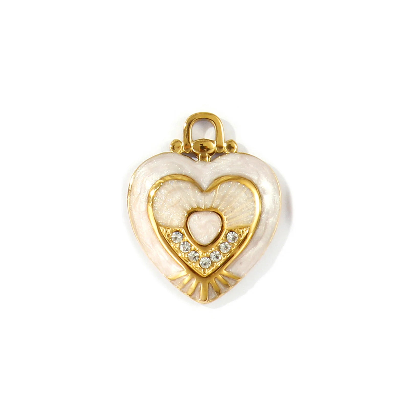 Gold White Crystal Heart Pendant Charm