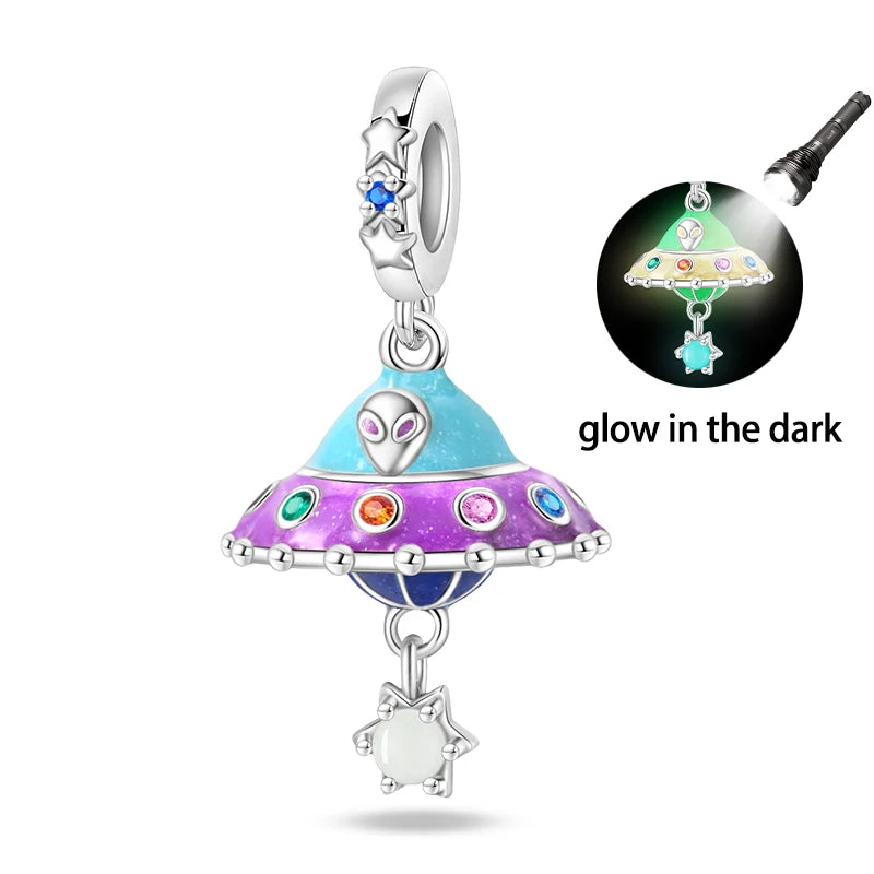 925 Silver Color Luminous Planet Spacecraft Astronaut Firefly Charms Beads Fit Qikaola 925 Bracelets DIY Christmas Jewelry Gifts