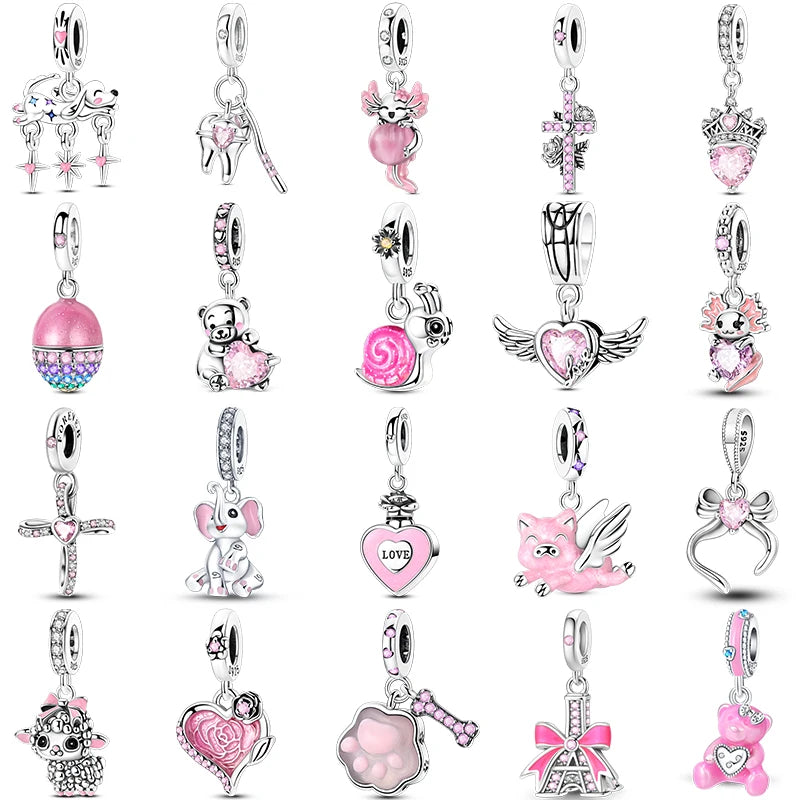 Fit Original 925 Sterling Silver Charms Beads Little Bear Lamb Little Flying Pig Pink Charms For Women DIY Birthday Jewelry Gift