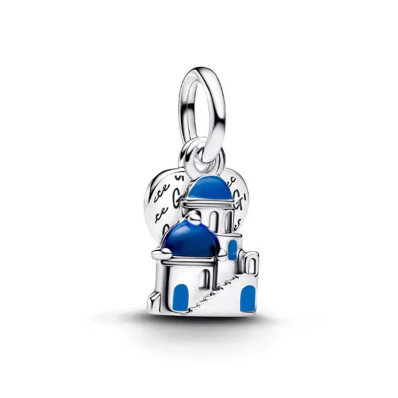 Silver Blue Castle Dangle Charm