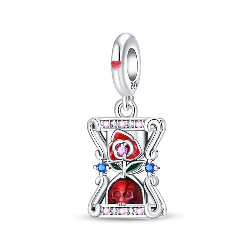 Red Rose Skull Hourglass Charm
