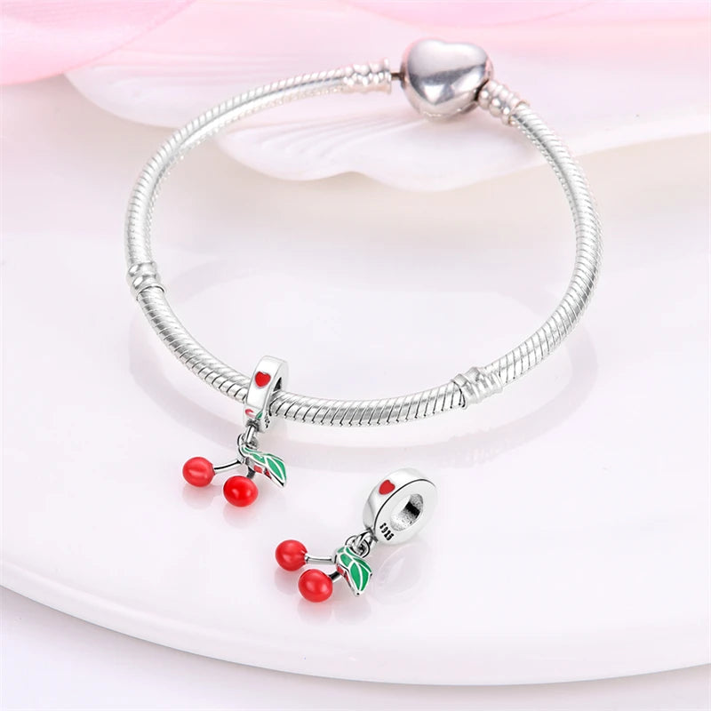 925 Silver Color Strawberry Cherry Apple Avocado Fruit Charms Beads Fit Qikaola 925 Original Bracelets Fine DIY Birthday Jewelry