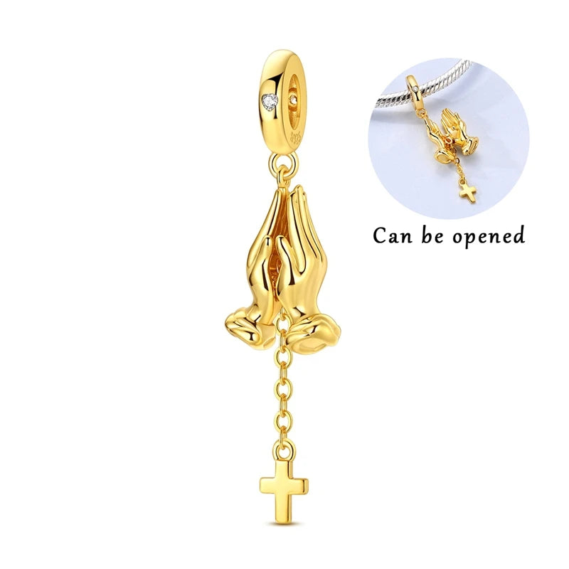 Gold Praying Hands & Cross Locket Dangle Charm
