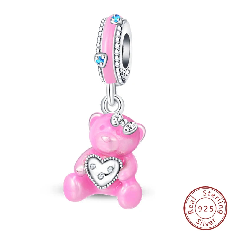 Fit Original 925 Sterling Silver Charms Beads Little Bear Lamb Little Flying Pig Pink Charms For Women DIY Birthday Jewelry Gift