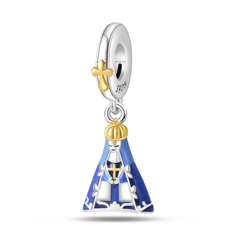 Blue Robe Our Lady Gold Cross Charm