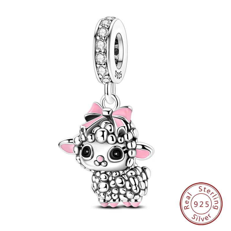 Fit Original 925 Sterling Silver Charms Beads Little Bear Lamb Little Flying Pig Pink Charms For Women DIY Birthday Jewelry Gift