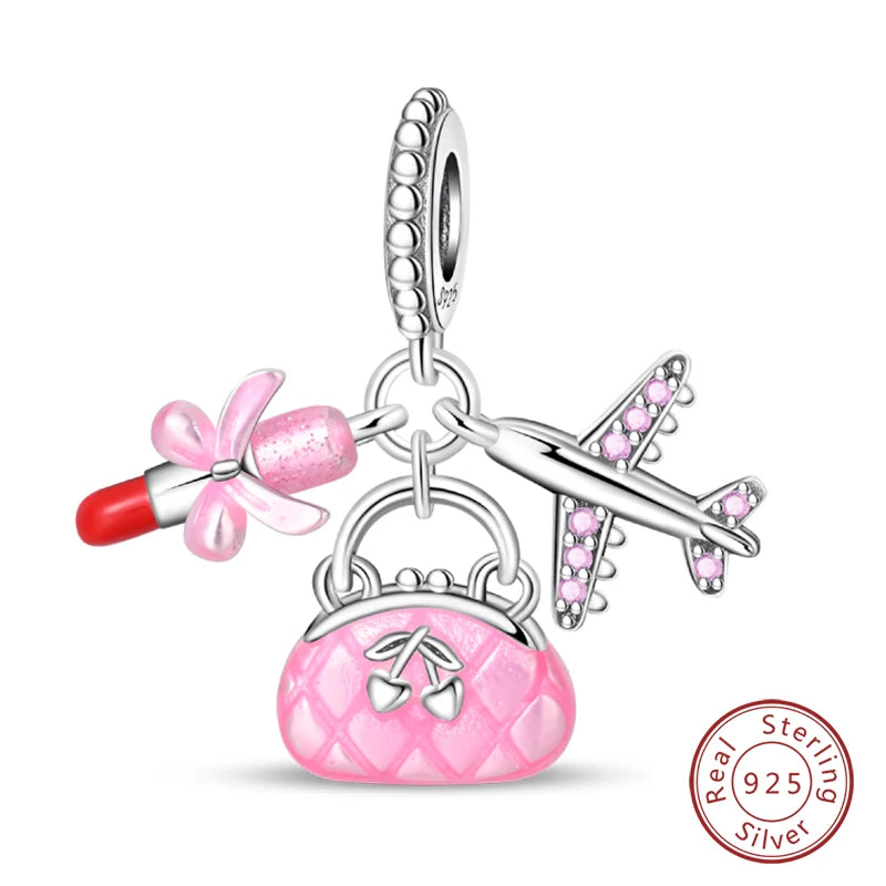 Fit Original 925 Sterling Silver Charms Beads Little Bear Lamb Little Flying Pig Pink Charms For Women DIY Birthday Jewelry Gift