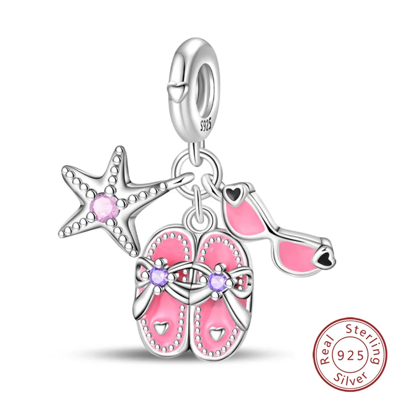 Fit Original 925 Sterling Silver Charms Beads Little Bear Lamb Little Flying Pig Pink Charms For Women DIY Birthday Jewelry Gift
