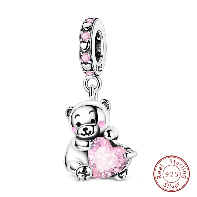 Fit Original 925 Sterling Silver Charms Beads Little Bear Lamb Little Flying Pig Pink Charms For Women DIY Birthday Jewelry Gift