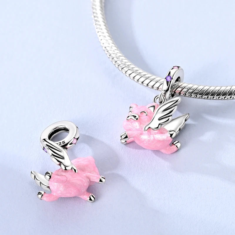 Fit Original 925 Sterling Silver Charms Beads Little Bear Lamb Little Flying Pig Pink Charms For Women DIY Birthday Jewelry Gift