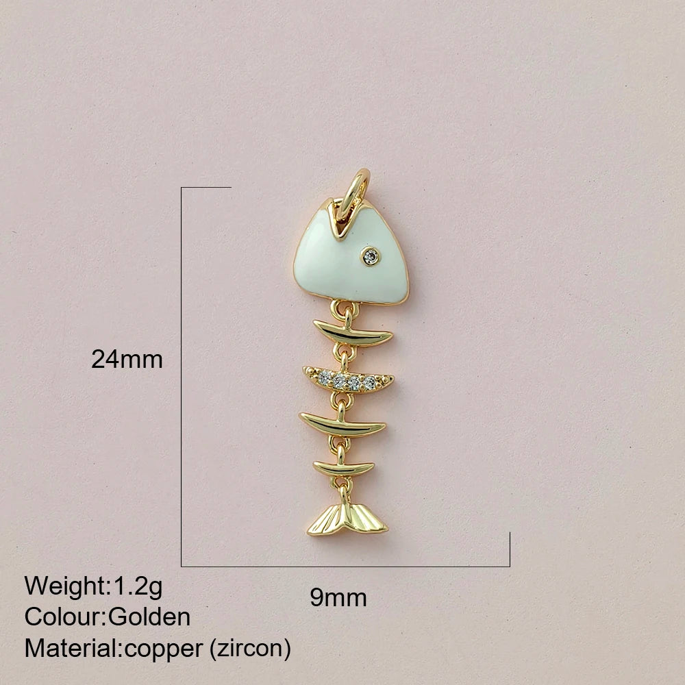 Gold Blue Fishbone Pendant Charm