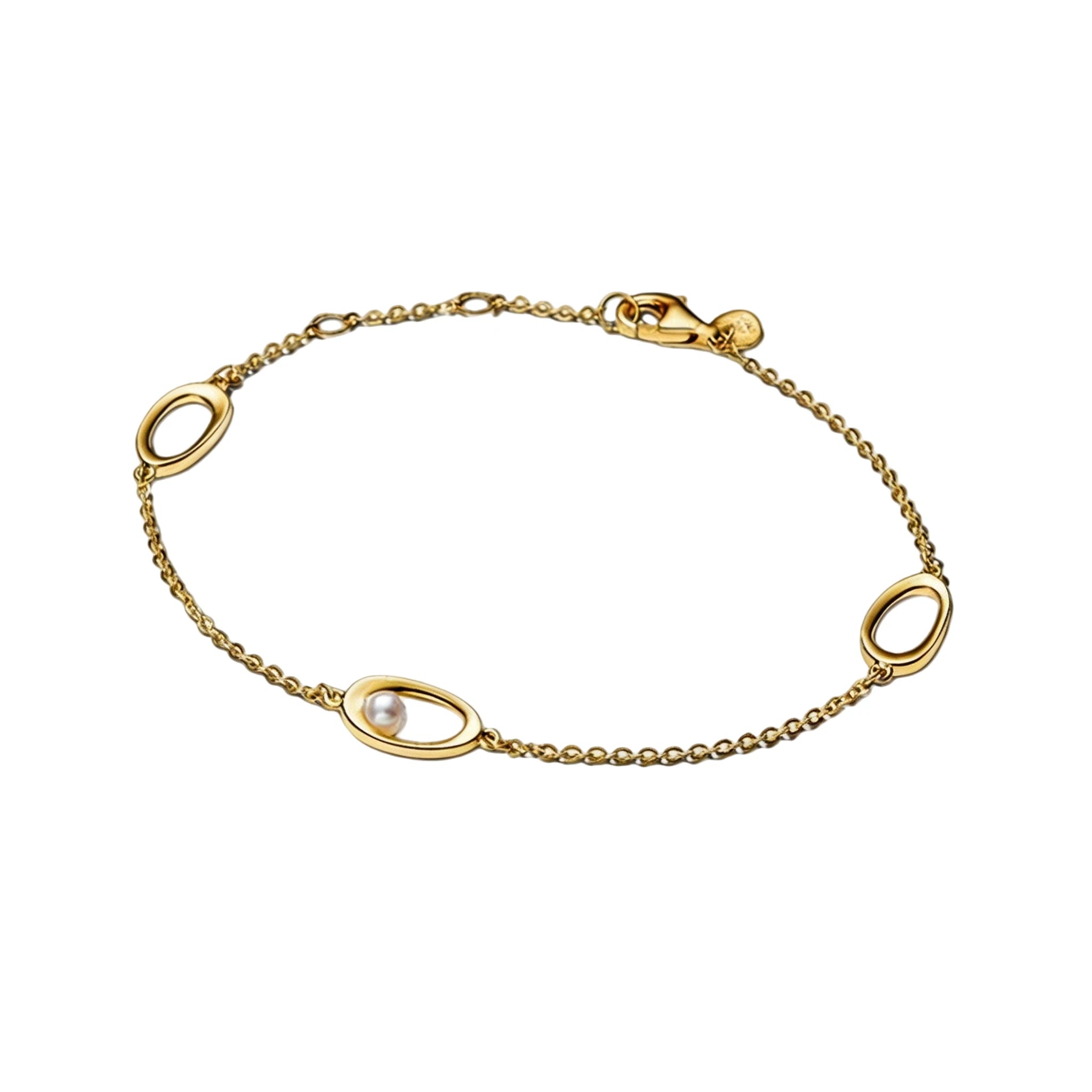 Gold Oval Pearl Chain Bracelet