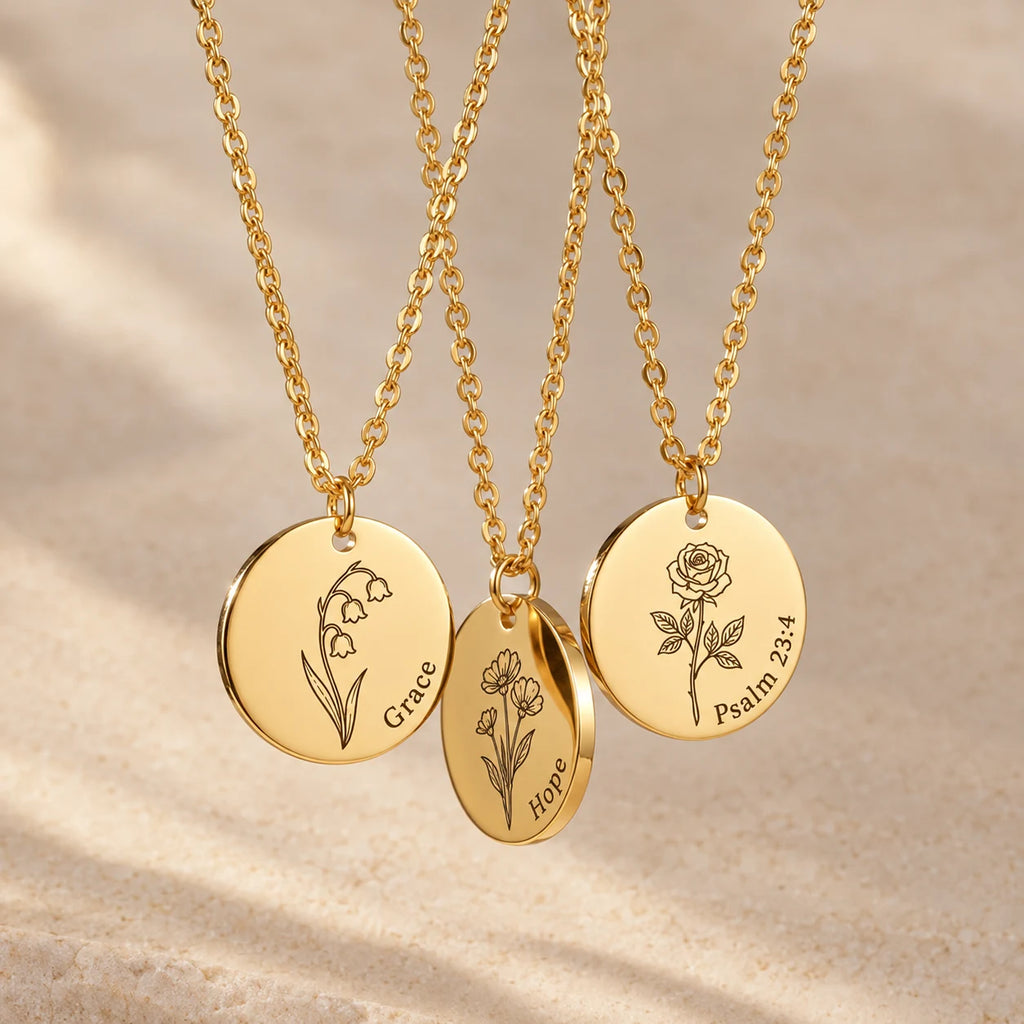 Birth Bloom Engraved Necklace - multi pendant gold