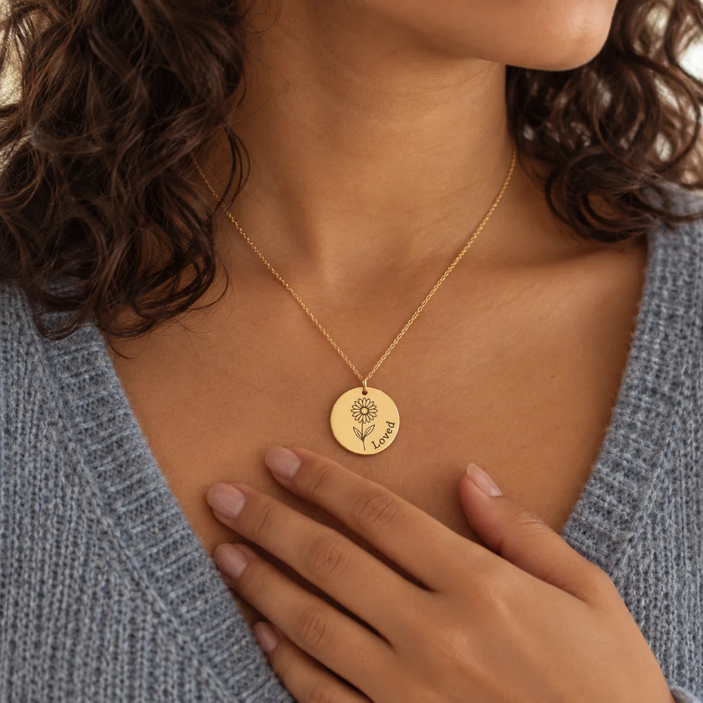 Birth Bloom Engraved Necklace - lifestyle gold chest