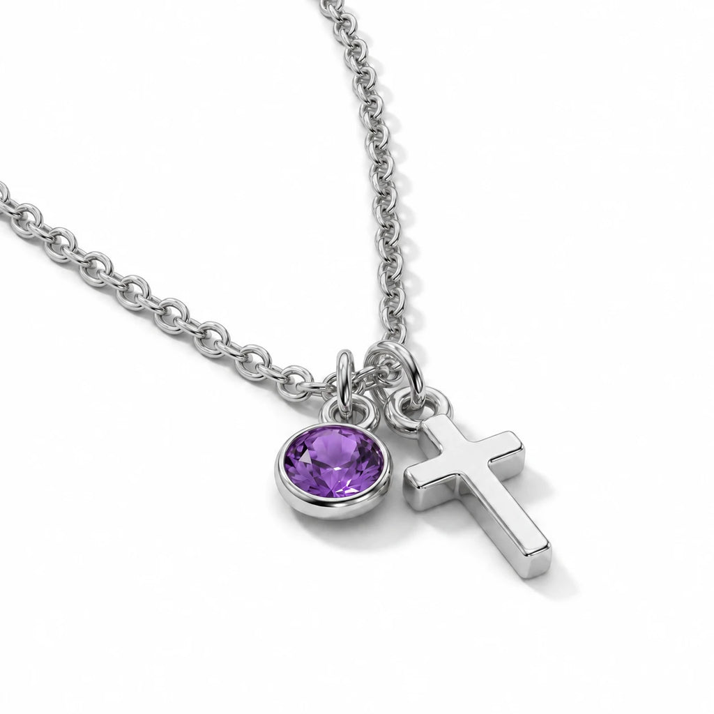 Birthstone Grace Cross Necklace - thumbnail silver amethyst