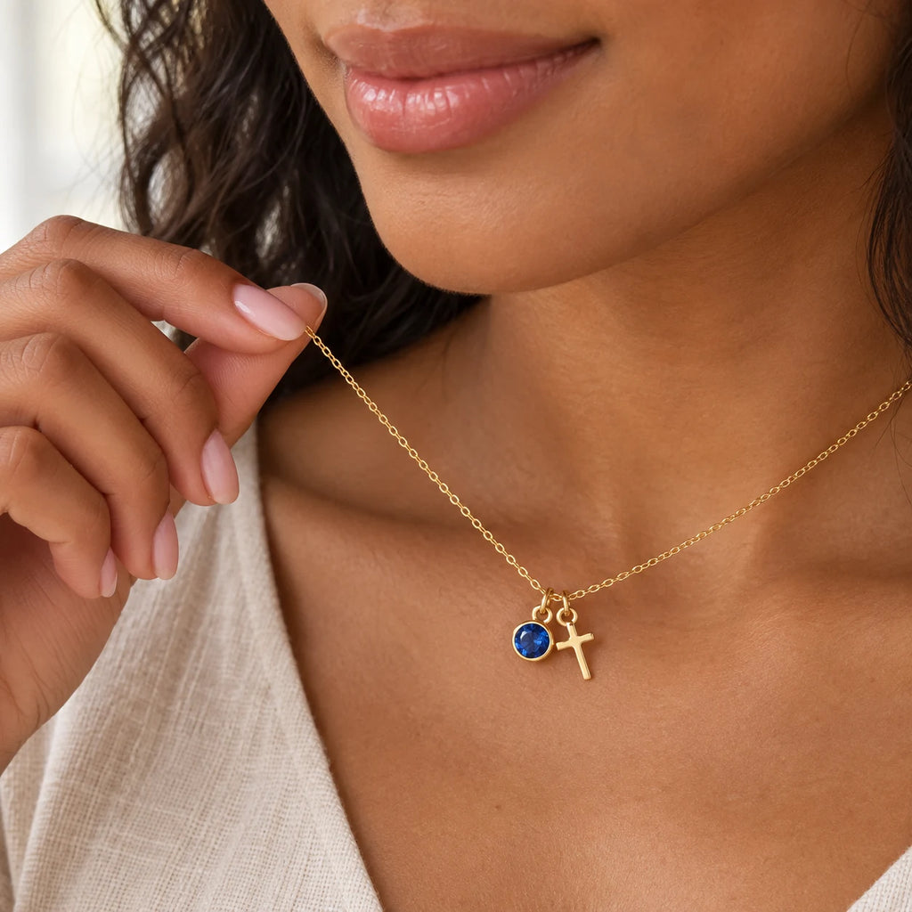 Birthstone Grace Cross Necklace - lifestyle gold sapphire