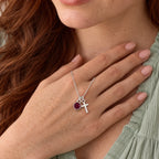 Birthstone Grace Cross Necklace - lifestyle silver garnet hand