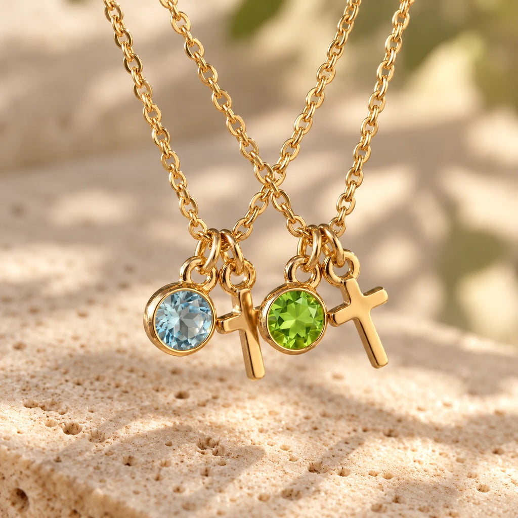 Birthstone Grace Cross Necklace - lifestyle dual birthstones