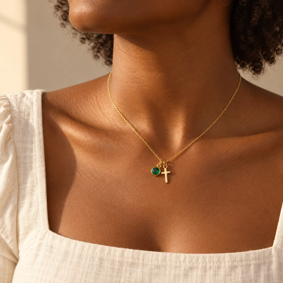 Birthstone Grace Cross Necklace - lifestyle gold emerald