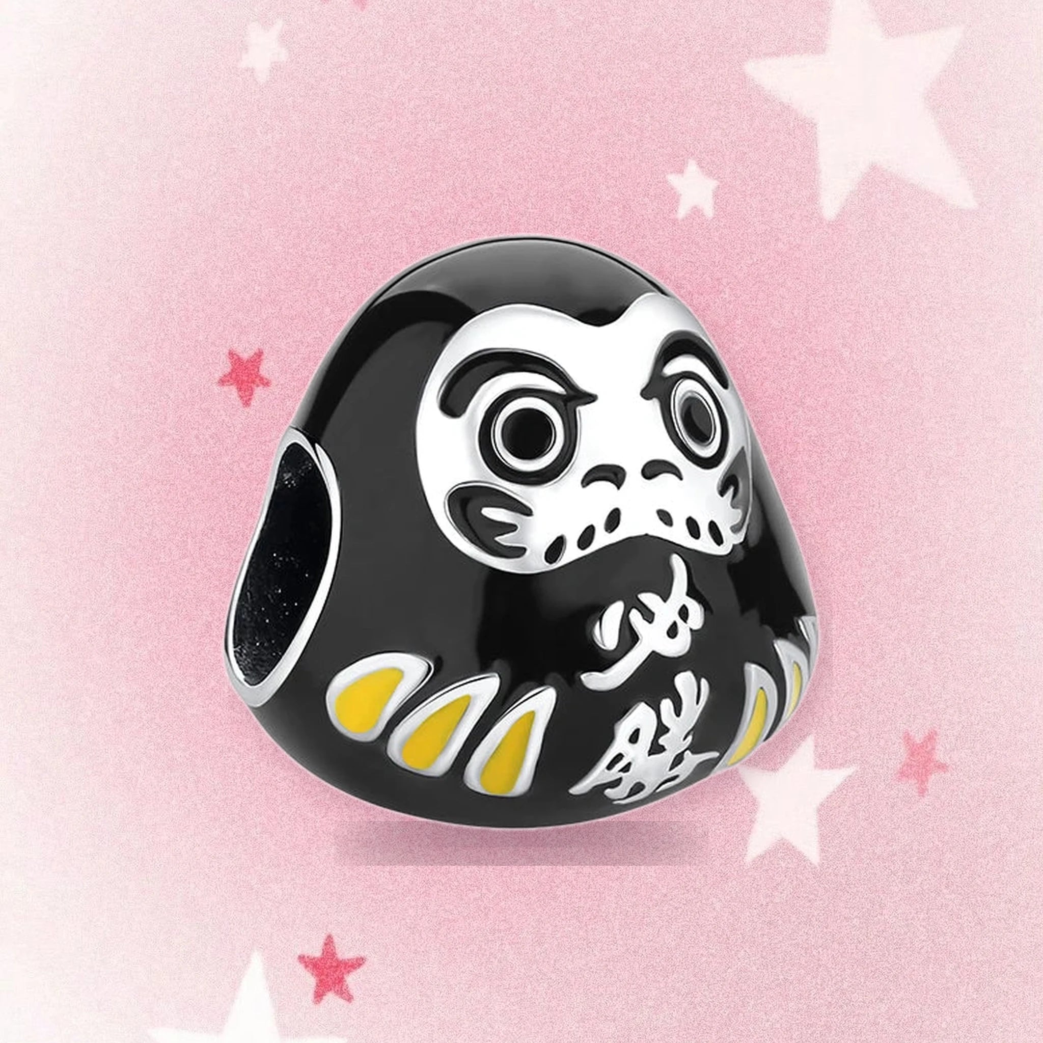 CALEO Japanese charm thumbnail - Black Daruma Doll Charm - pink star background - 2026-07-22