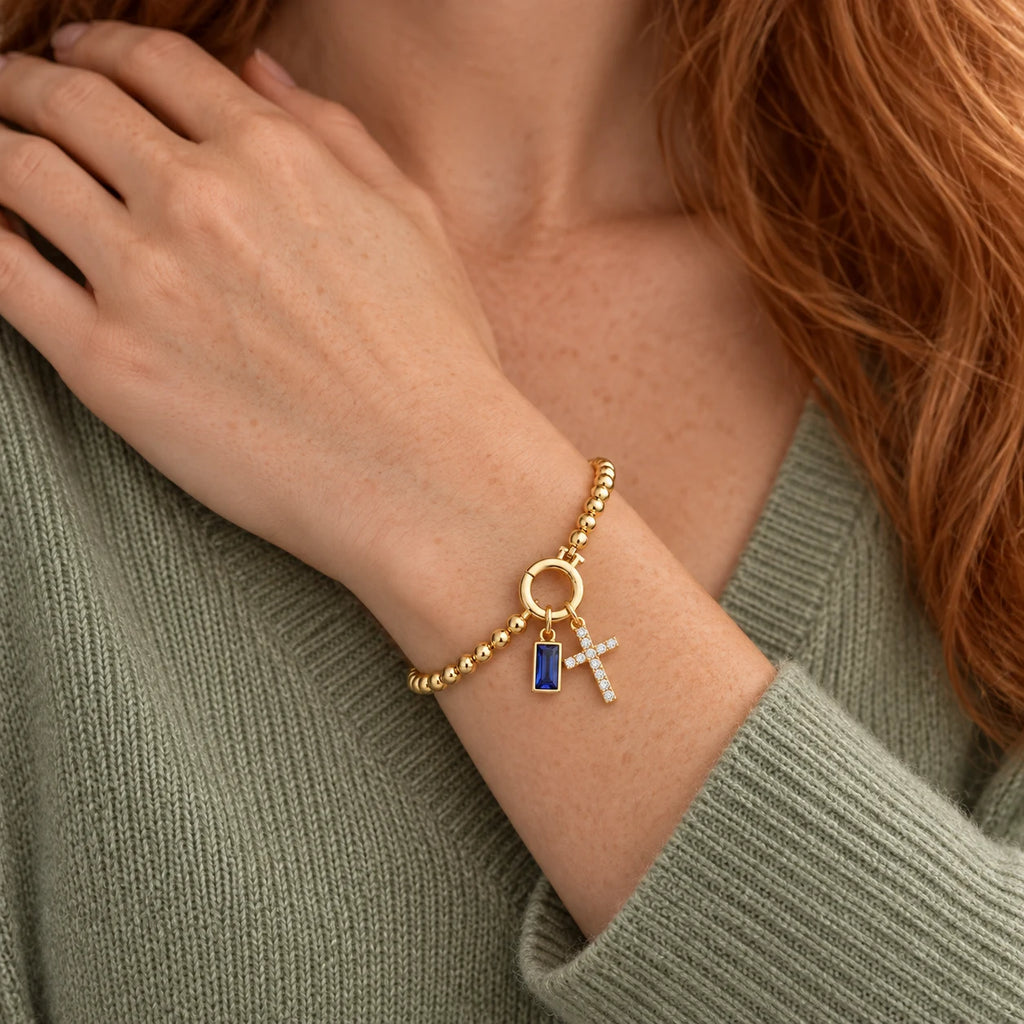 Blessed Birthstone Cross Bracelet - blessed birthstone cross bracelet sapphire worn