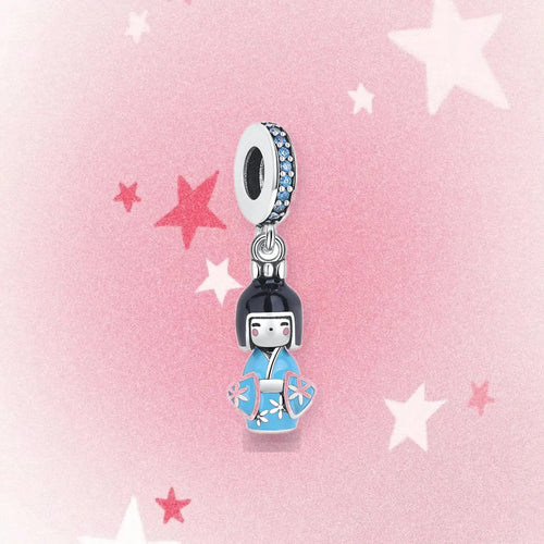 CALEO Japanese charm thumbnail - Blue Kimono Kokeshi Dangle Charm - pink star background - 2026-07-22