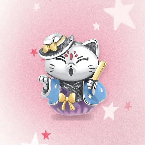 CALEO Japanese charm thumbnail - Blue Kimono Lucky Cat Charm - pink star background - 2026-07-22