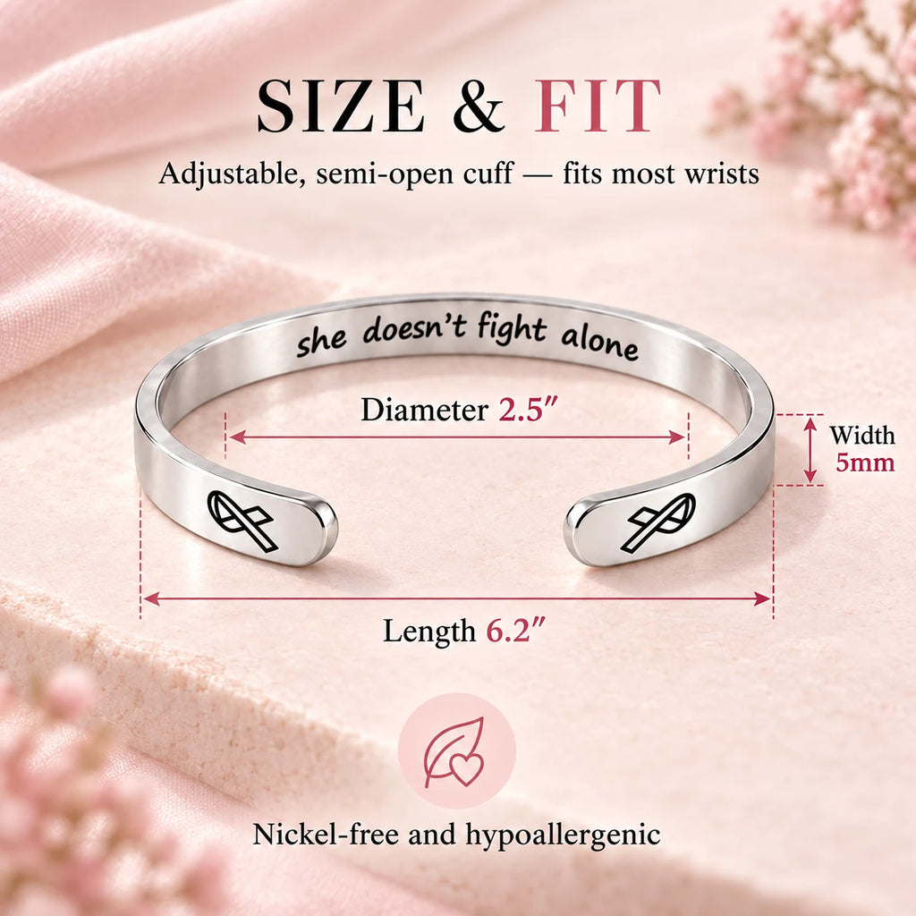 She Doesn't Fight Alone cuff size and fit guide with dimensions and hypoallergenic details