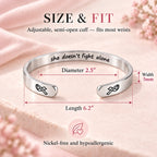 She Doesn't Fight Alone cuff size and fit guide with dimensions and hypoallergenic details