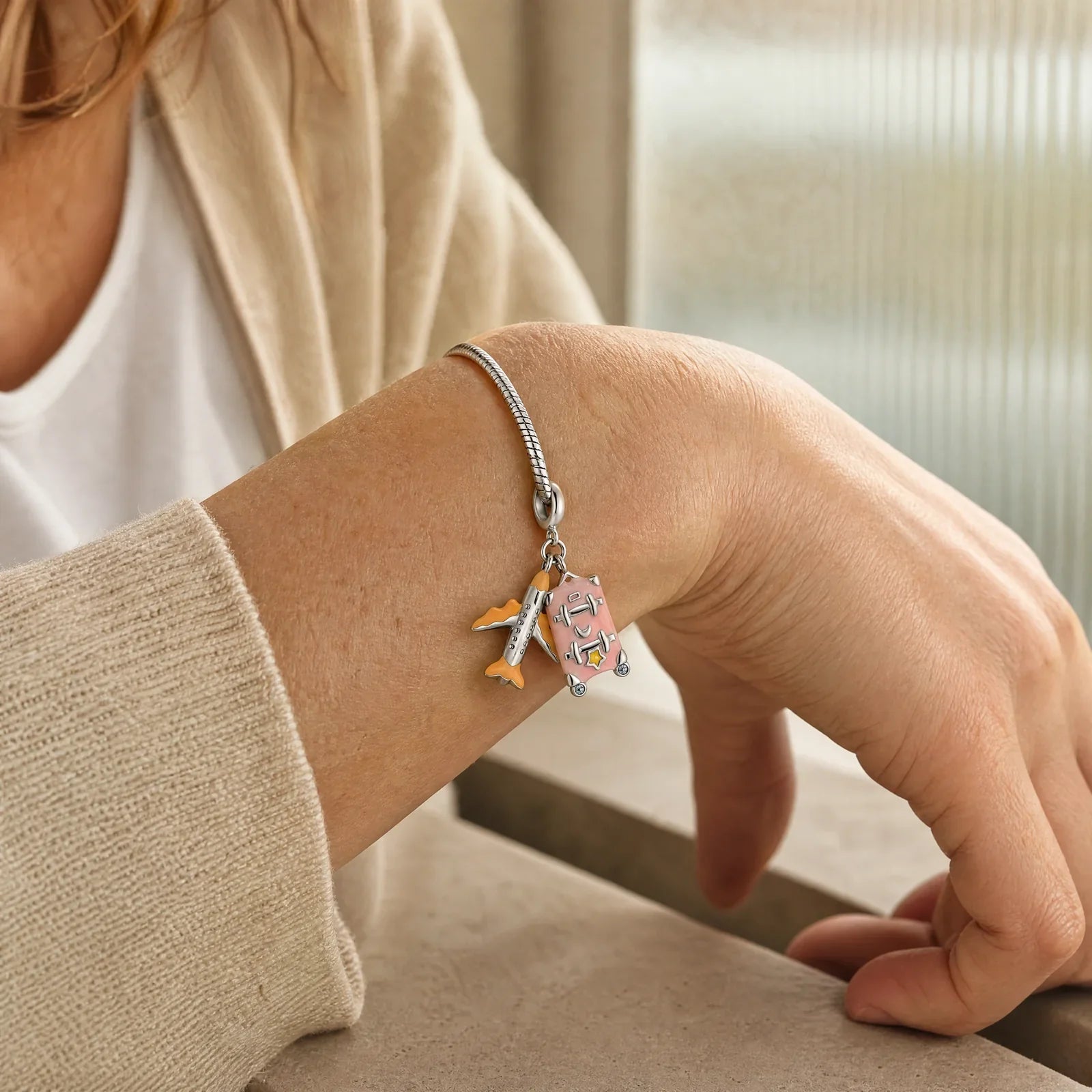 Airplane Suitcase Travel Charm worn lifestyle