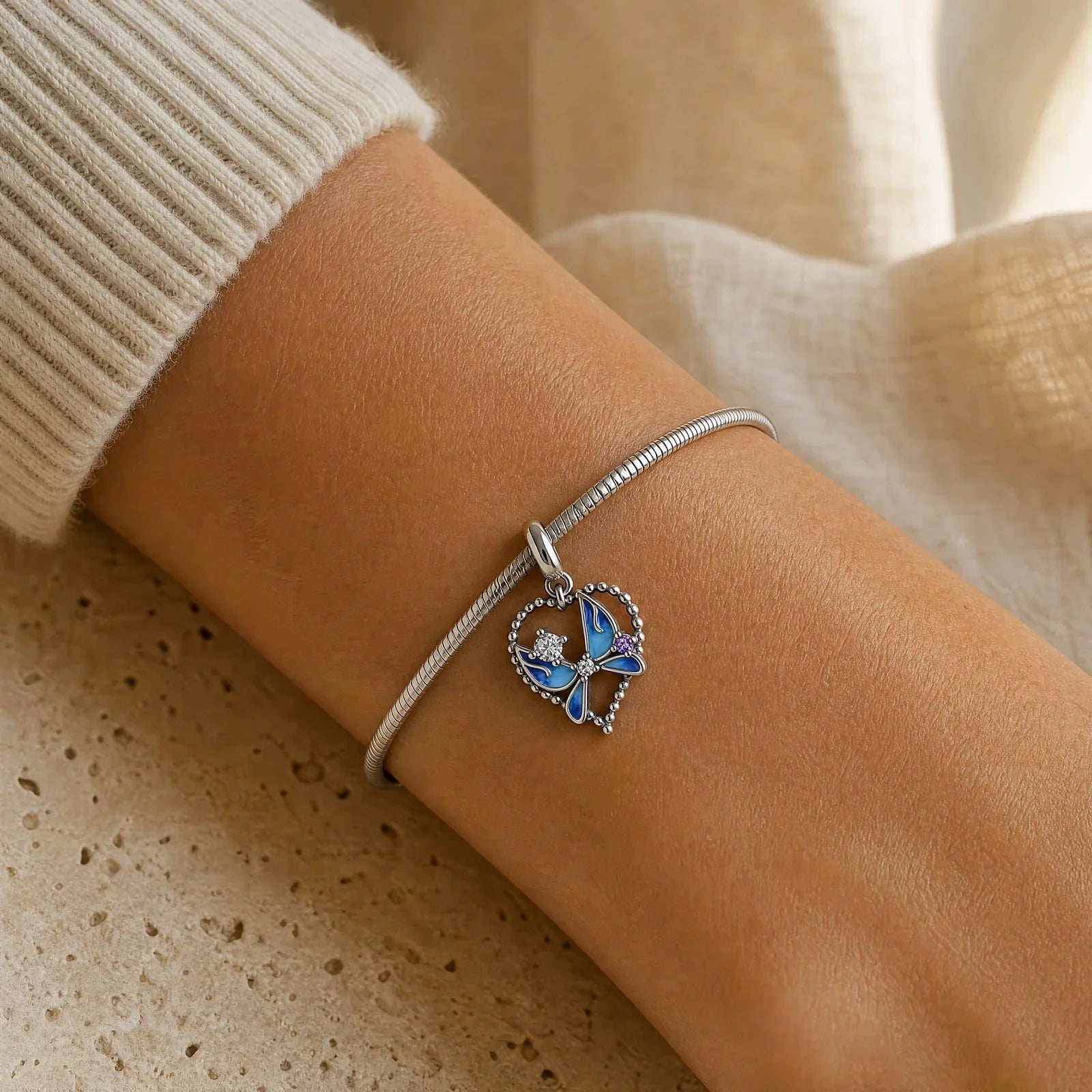 Blue Butterfly Blue Enamel Charm worn lifestyle