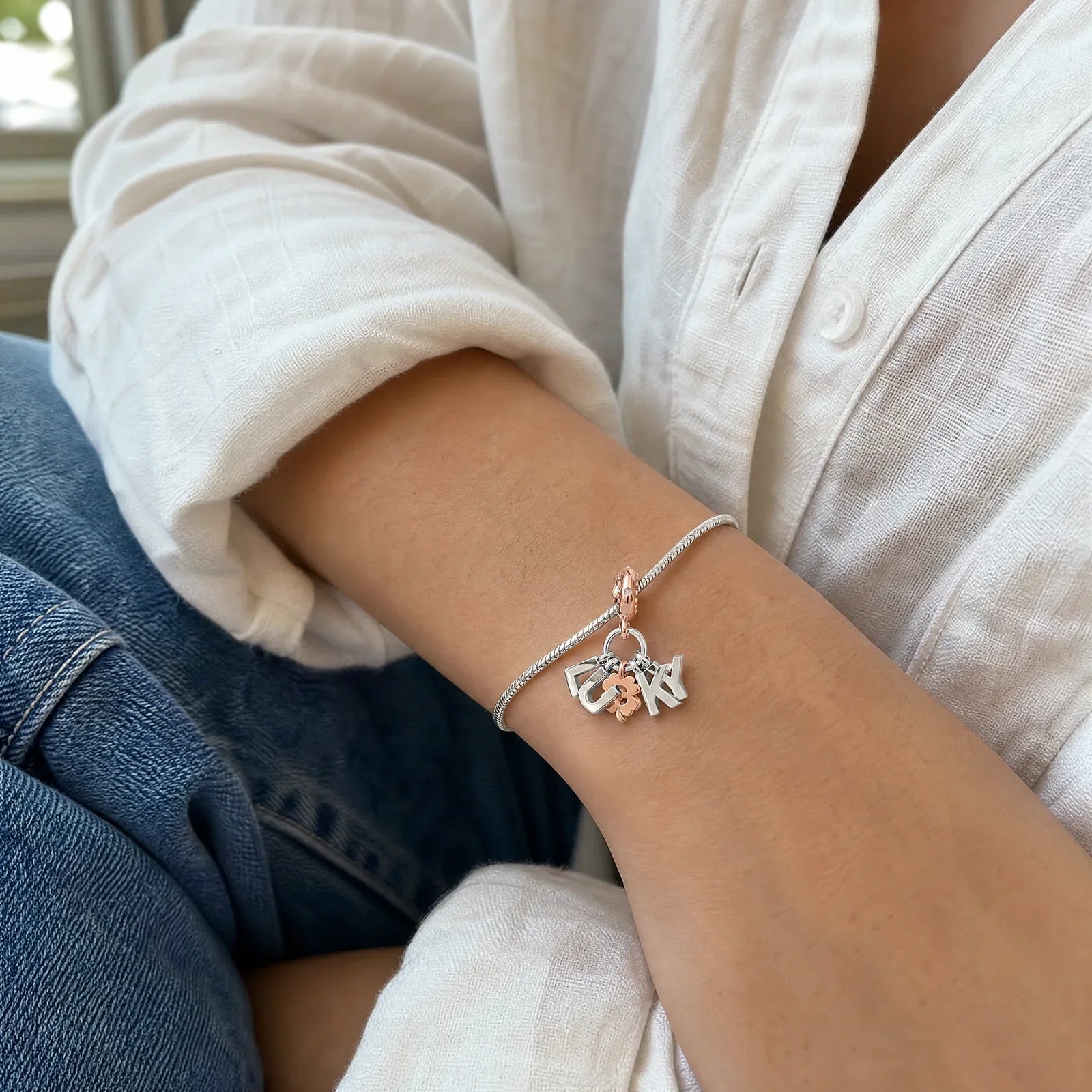 Rose Gold Lucky Clover Letters Charm lifestyle image