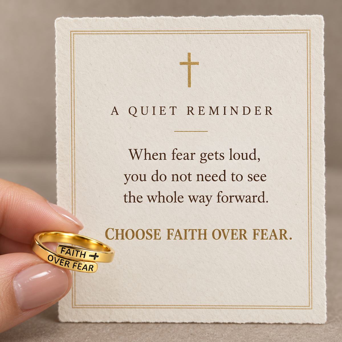 Choose Faith Over Fear Ring with Catholic-inspired devotional message card