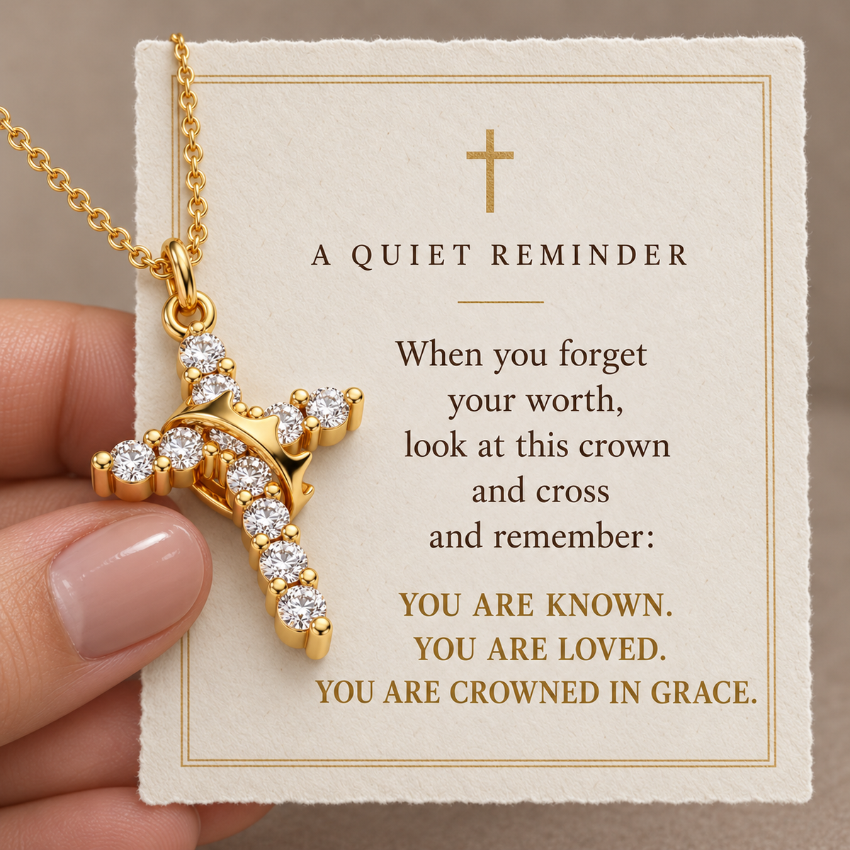 Crowned in Grace Cross Necklace with Catholic-inspired devotional message card