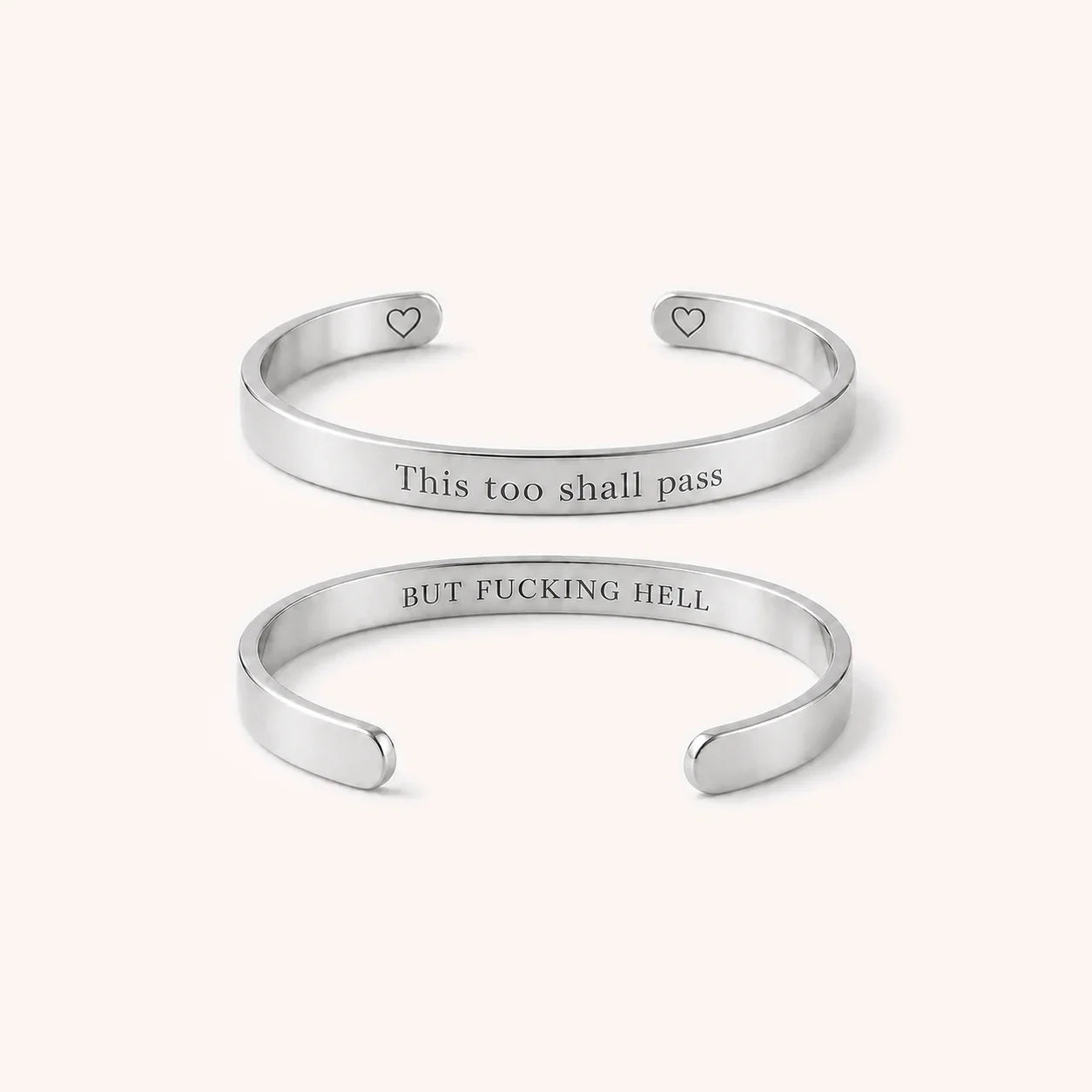 Engraved Mantra Cuff Bracelet - Silver - This Too Shall Pass
