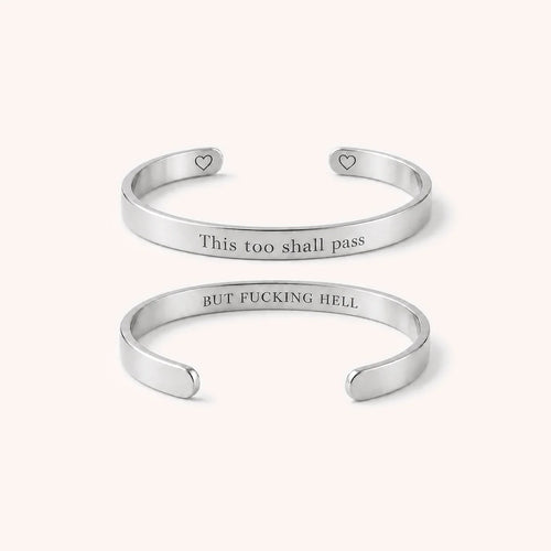 Engraved Mantra Cuff Bracelet - Silver - This Too Shall Pass