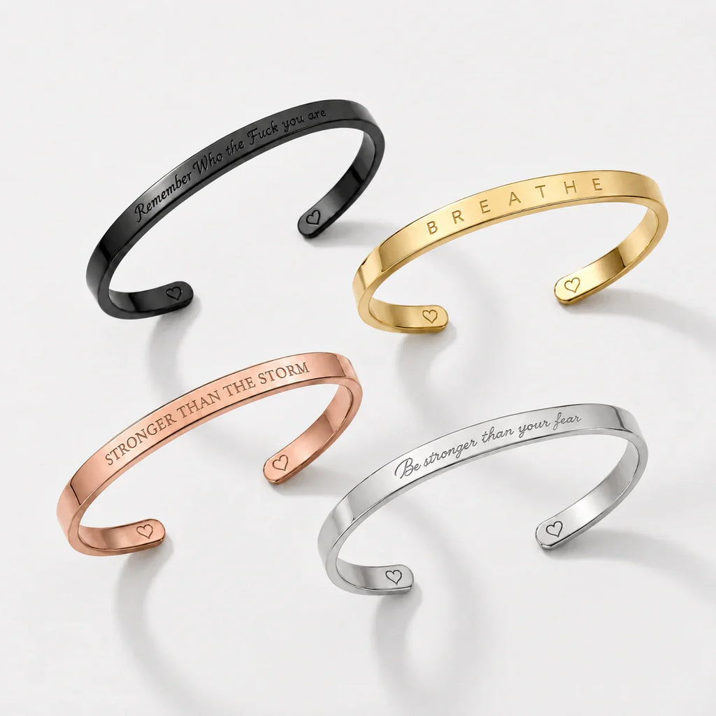 Engraved Mantra Cuff Bracelet in black, gold, rose gold, and silver finishes