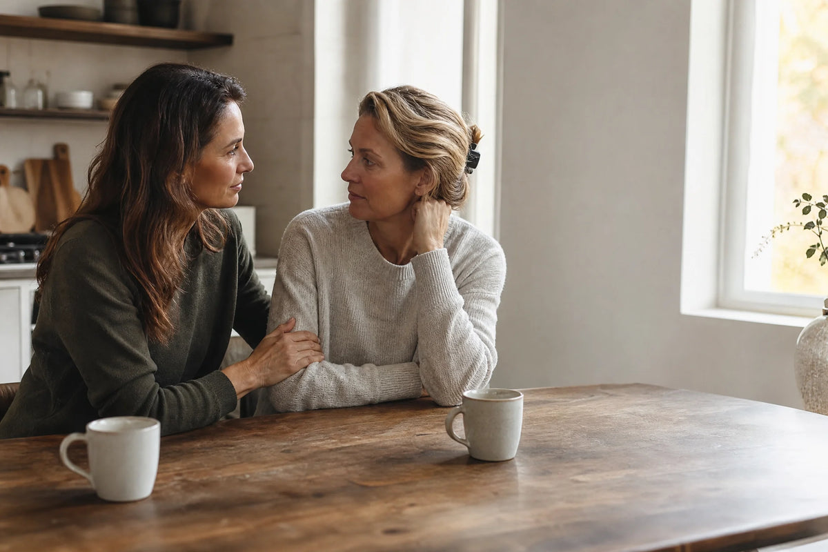 A woman finally lets go in the arms of the friend who came for her