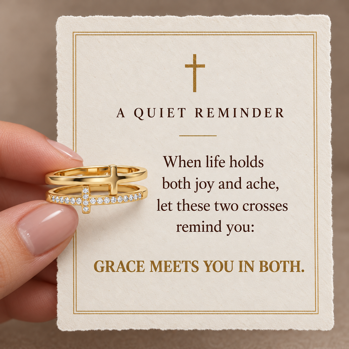 Grace in Every Season devotional message card for Dual Grace Cross Ring
