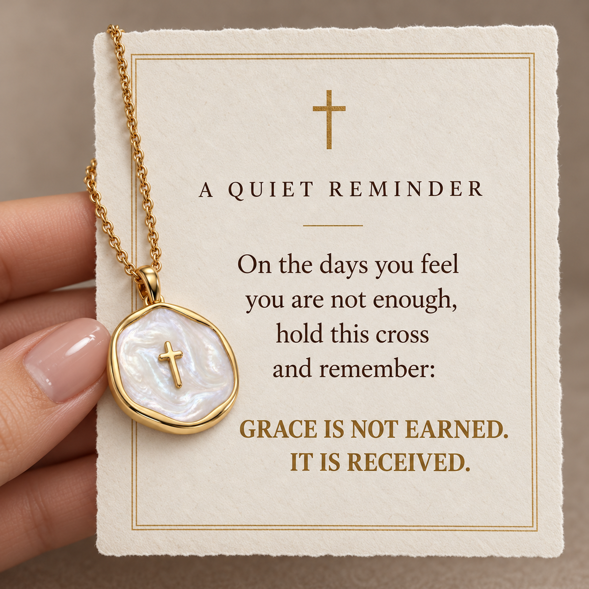 Grace Upon Grace Pearl Cross Necklace with Catholic-inspired devotional message card